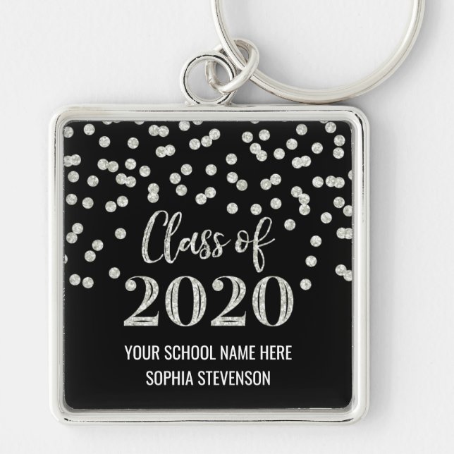 Porte-clés Classe de Graduation Argent Noir de 2020 Confetti (Devant)