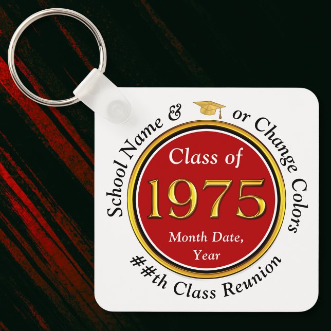 Porte-clés Classe de Réunion 1975. Fête de la Réunion de Clas (Class of 1975 Reunion. Red, White, Black and Gold, Class reunion keychains. Class of 1975 ideas.)
