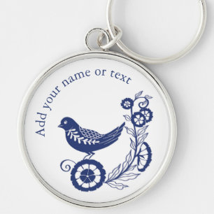 Porte-clés Classique motif d'oiseau de carreau de Delft bleu