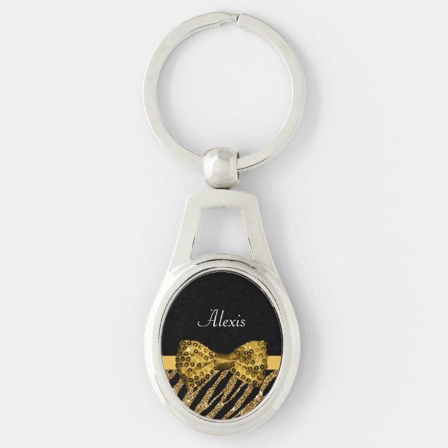 Porte-clés Classy Gold Zebra Print FAUX Glitz Bow avec nom (Devant)