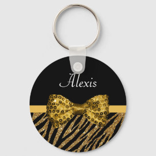 Porte-clés Classy Gold Zebra Print FAUX Glitz Bow avec nom
