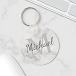 Porte-clés Classy Marble Personalized Monogram and Name<br><div class="desc">Personalized Monogram and Name Gift
features personalized name in grey script font style and monogram in light grey serif font style as background,  on white marble background.

Perfect as holiday gift,  family reunion favors,  thank you gift for groomsmen and gift for any special occasions.</div>