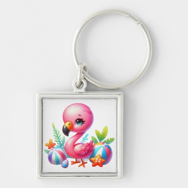 Porte-clés Clipart de dessin animé de flamant rose à l'aquare (Devant)