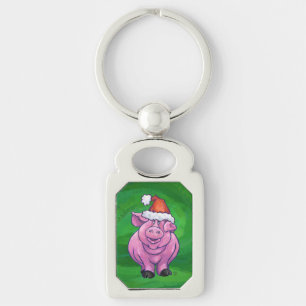 Porte-clés Cochon de Fête à Santa Hat sur Vert