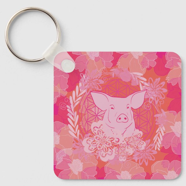 Porte-clés cochon,fleur de vie, bleu, mandala,zen,chakra,moti (Recto)