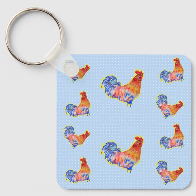 Porte-clés Cockerel Rooster Rouge Funny Bleu et Zones Blanche (Recto)