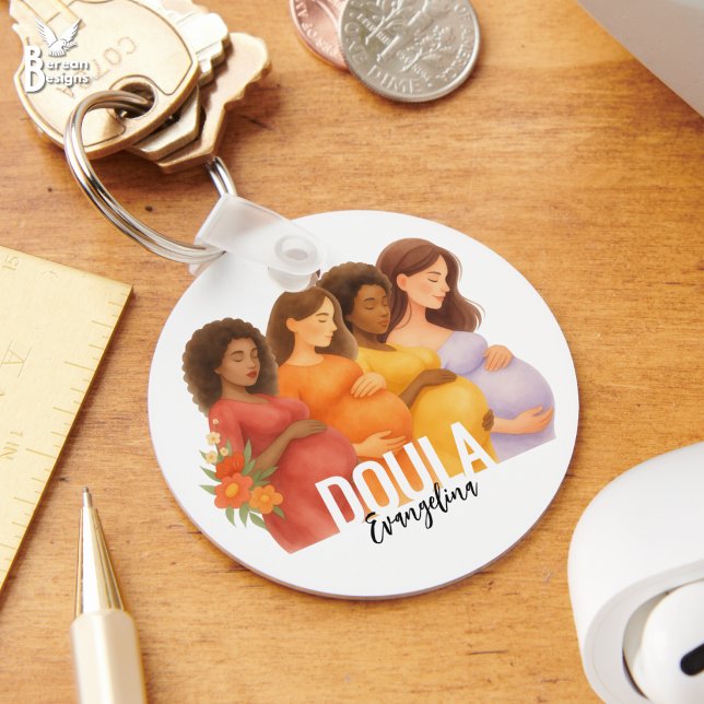 Porte-clés Code QR aquarelle Naissance Post-partum Doula (Personalized DOULA keychain with watercolor drawing of pregnant moms-to-be, custom name & QR code.)