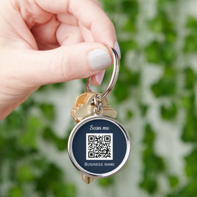 Porte-clés Code QR Business Logo Professionnel Marine Bleu (main)