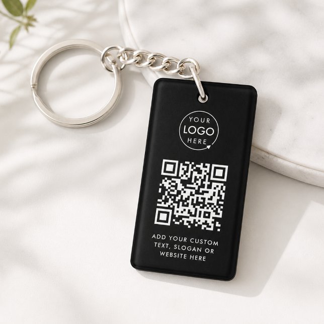 Porte-clés Code QR | Logo Entreprise Moderne Noir (Versatile editable keychain template with interactive QR code & your business logo)