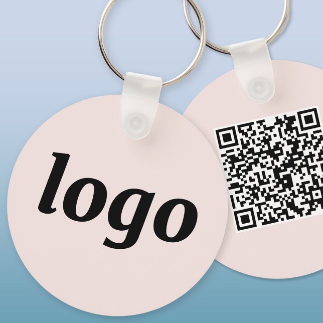 Porte-clés Code QR Logo Simple Entreprise Rose Pâle (Blush pink custom logo and QR code business branding promotional keychain)