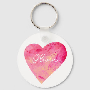 Porte-clés Cœur aquarelle rose personnalisé féminin