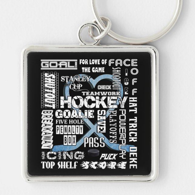 Porte-clés Cœur bleu glace Hockey Mots Logo blanc (Devant)