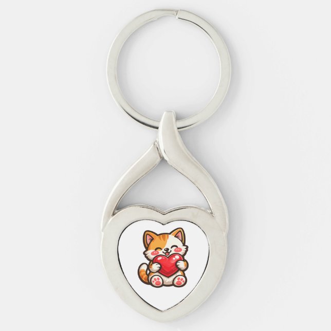Porte-clés cœur de chat mignon – Chat Kawaii avec  (Devant)