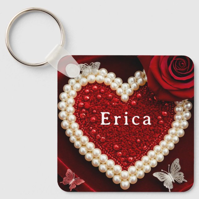 Porte-clés Cœur de perle romantique design d'oreiller de rose (Recto)