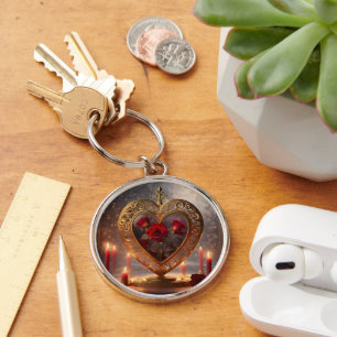 Porte-clés Coeur d'or victorien aux roses rouges, vintage
