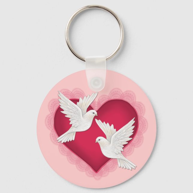 Porte-clés Coeur et colombes - rose (Recto)