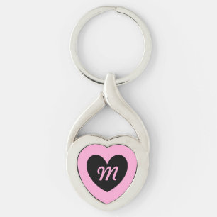 Porte-clés Cœur noir monogramme sur rose barbe à papa