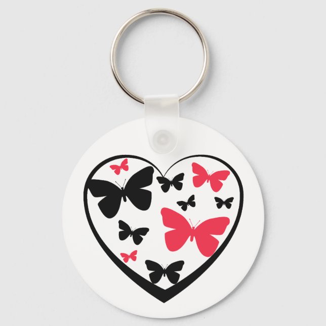 Porte-clés Coeur ouvert noir avec papillons rouges et noirs (Recto)