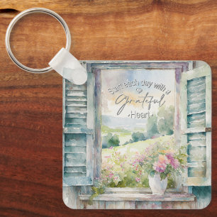 Porte-clés Cœur reconnaissant aquarelle florale fenêtre