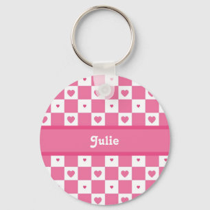 Porte-clés Coeur rose et blanc mignon Joli Carrés avec nom