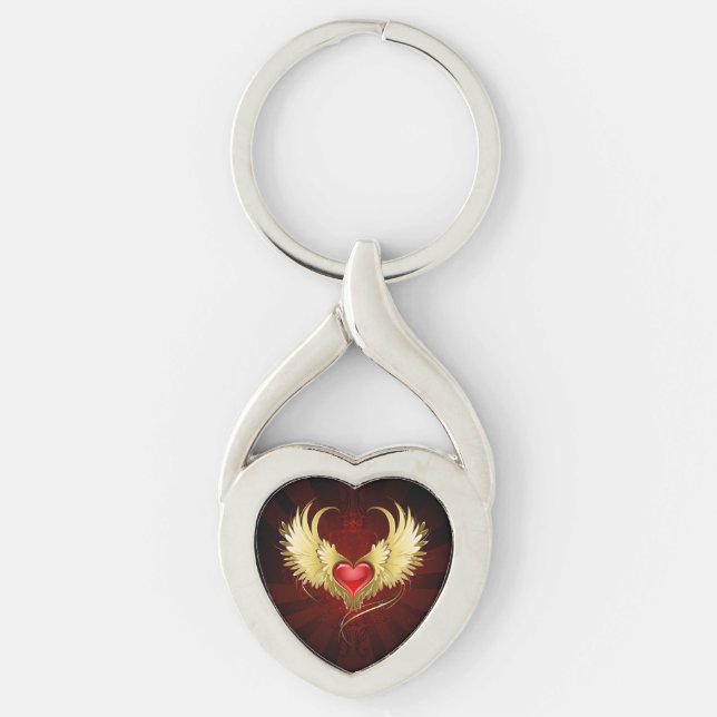Porte-clés Coeur rouge avec ailes d'or (Devant)