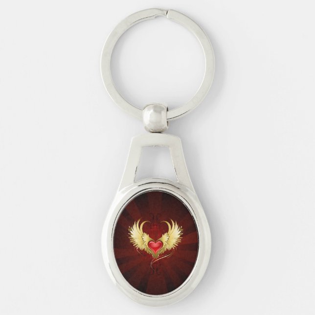 Porte-clés Coeur rouge avec ailes d'or (Devant)