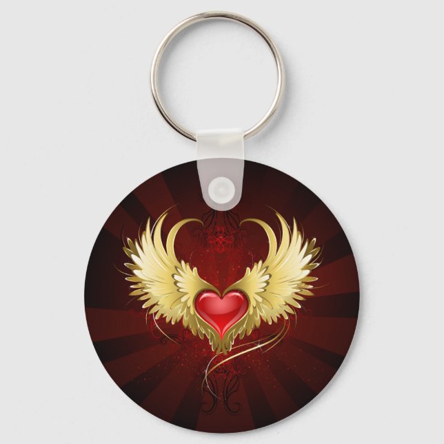 Porte-clés Coeur rouge avec ailes d'or (Recto)
