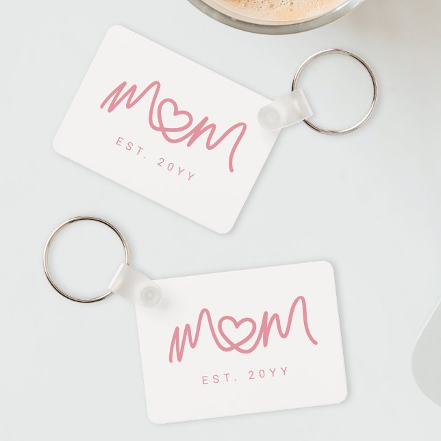 Porte-clés Cœur Simple Écriture Rose Mignon Nouvelle Maman Ét (Simple Pink Script Heart Cute New Mom Established Keychain)