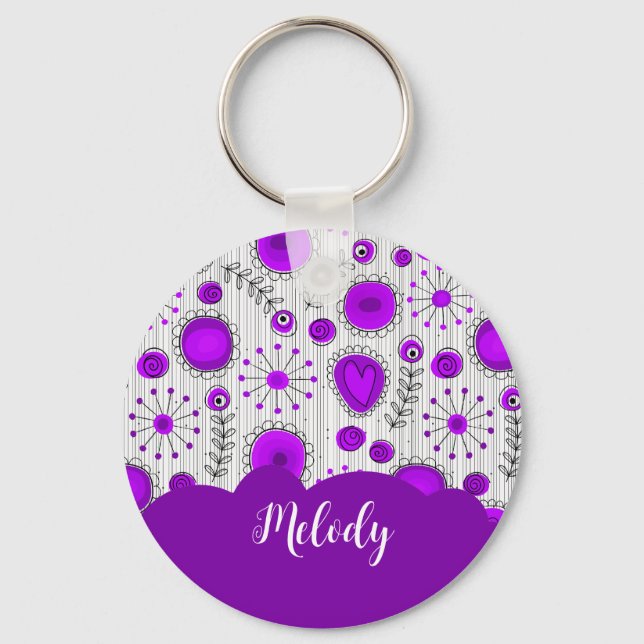 Porte-clés Coeurs blancs violet blanc Whimsical fleurs nom fl (Recto)