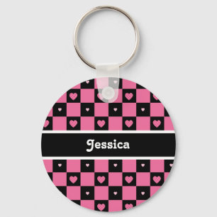 Porte-clés Coeurs Checkered roses et noirs modernes avec le