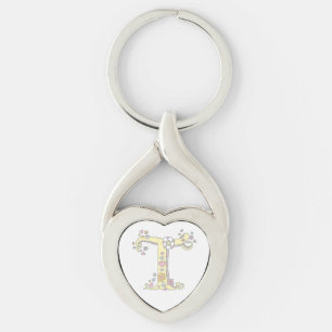 Porte-clés Coeurs décoratifs fleurs lettre initiale T keyring