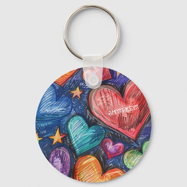 Porte-clés Coeurs et étoiles dessinés à la main (Recto)
