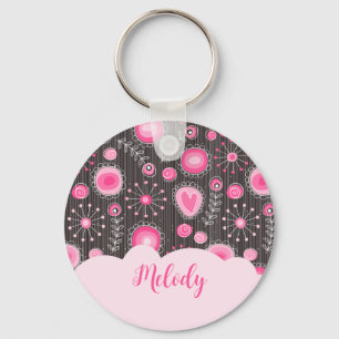 Porte-clés Coeurs gris rose blanc et nom fleuri