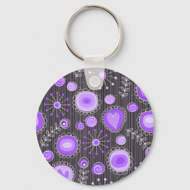 Porte-clés Coeurs gris violet blanc et fleurs florales (Recto)