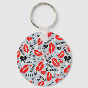 Porte-clés Coeurs, rouge, noir, empreintes de lèvres, baiser