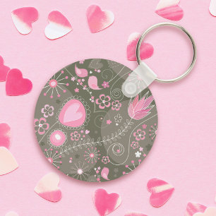 Porte-clés Coeurs Whimsical rose et gris, oiseaux et fleurs