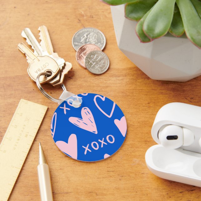 Porte-clés cœurs XOXO – Anneau à clés mignon bleu  (Bureau)