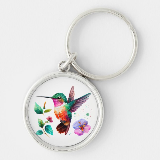 Porte-clés Colibri et fleurs aux couleurs vives (Devant)