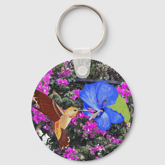 Porte-clés Colibri, Hibiscus Bleu & Bougainvilliers (Recto)