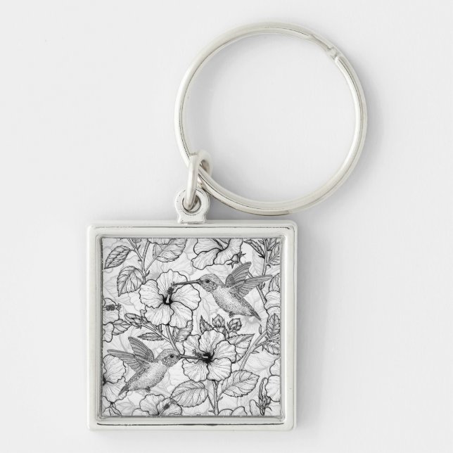 Porte-clés Colibris et fleurs d'hibiscus b&w (Devant)