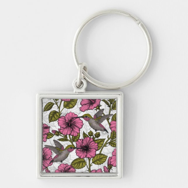 Porte-clés Colibris et fleurs d'hibiscus roses (Devant)