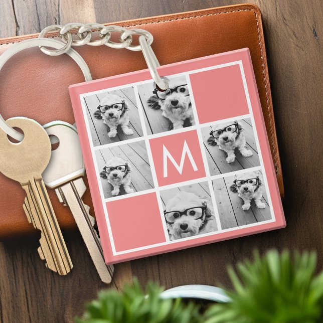 Porte-clés Collage photo de corail et blanc Monogramme person (Personalized keychain with photo collage and monogram)