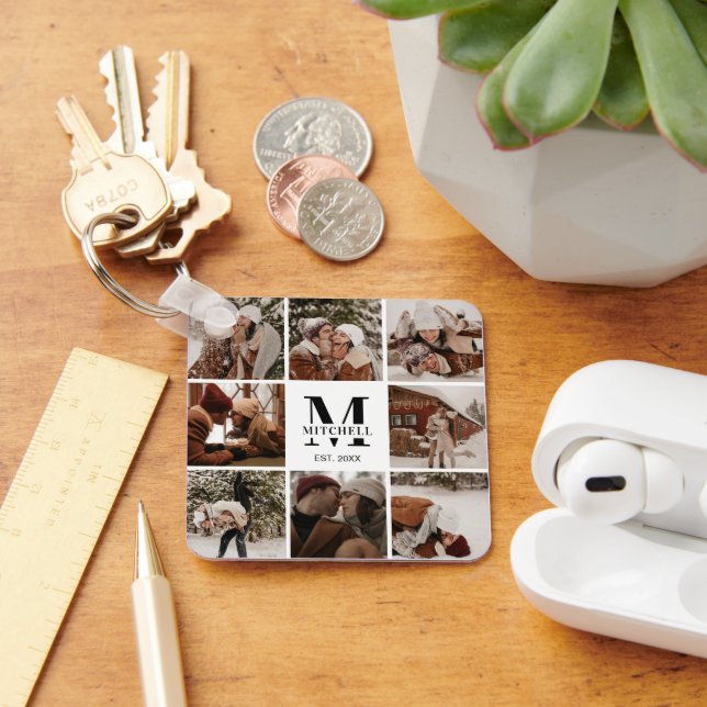 Porte-clés Collage photo de couple monogrammé | Cadeau Monogr (Bureau)
