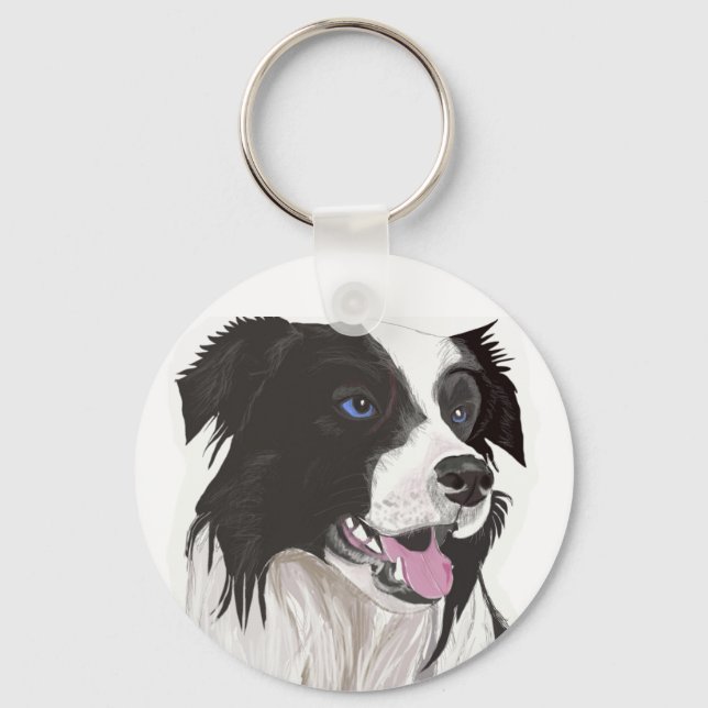 Porte-clés colley noir et blanc yeux bleus (Recto)