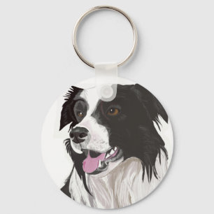 Porte-clés Collie noir et blanc aux yeux marron
