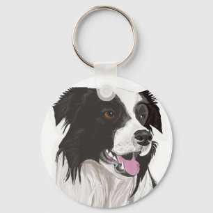 Porte-clés Collie noire et blanche avec yeux Brown