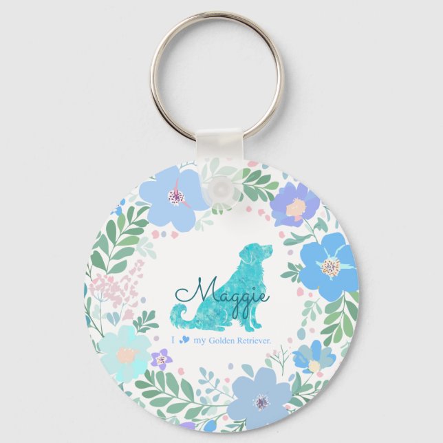 Porte-clés Collier de Chien Retriever Doré Fleur Bleu Pastel  (Recto)