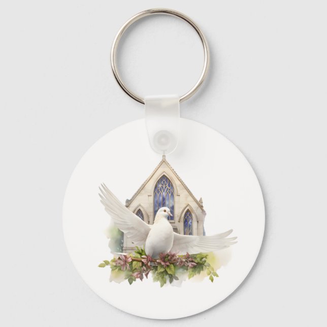 Porte-clés Colombe blanche avec église (Recto)