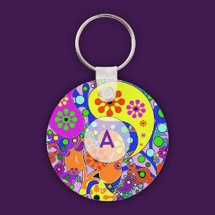Porte-clés Coloré Retro Floral Paisley violet initial