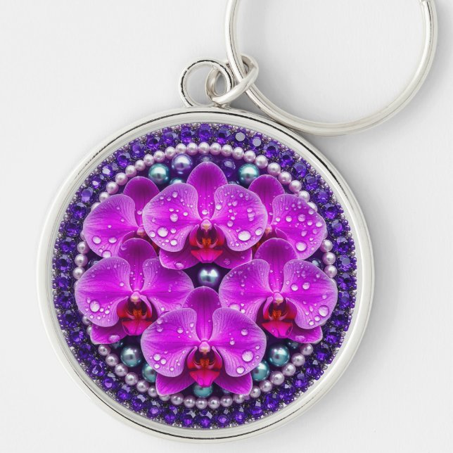 Porte-clés Composition florale d'orchidées violettes circulai (Devant)